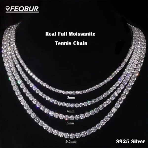 FEOBUR 3/4/5mm Real Moissanite Tennis Necklace for Women Men S925 Silver Certified Full Diamond Neck Chains Trendy Jewelry Gift