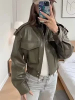 HH Women Faux Leather Cropped Jacket vintage Bomber Jackets With Pockets Long Sleeve Coats Zipper Overcoat Jacket For Woman - Image 3