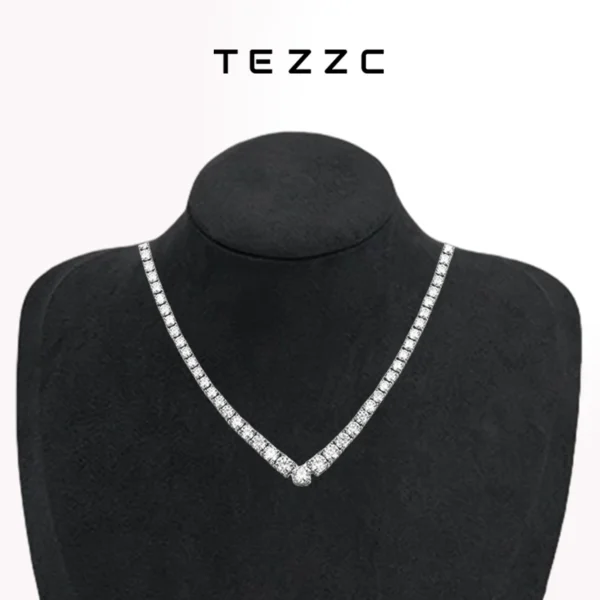 Tezzc Full Moissanite Tennis Diamond Necklace for Women V Style Wedding Party Neckchain 925 Sterling Silver New Design Jewelry
