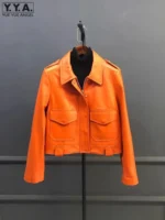 Turn-Down Collar Women Genuine Leather Jacket New Spring Fashion Cargo Short Coat High Street Punk Sheepskin Motorcycle Jackets - Image 3