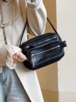 Female New Office Zipper Handbag Casual Genuine Leather Single Shoulder Bag Women Solid Color Cowskin Messenger Underarm Bag - Image 4